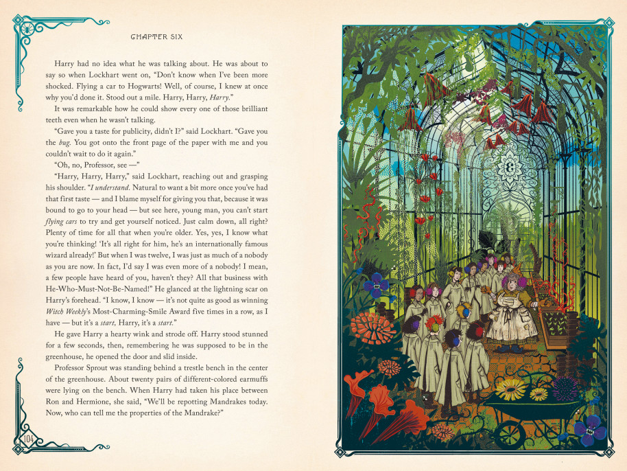 Aula de Herbologia na estufa em Harry Potter e a Câmara Secreta, ilustrada pelo estúdio MinaLima