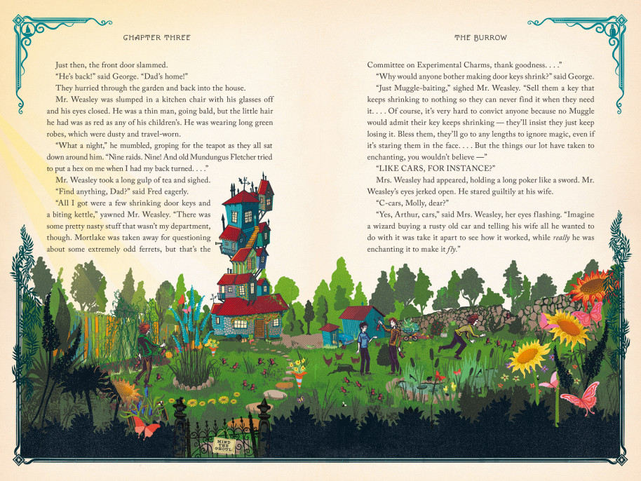 A Toca da família Weasley em Harry Potter e a Câmara Secreta, ilustrada pelo estúdio MinaLima